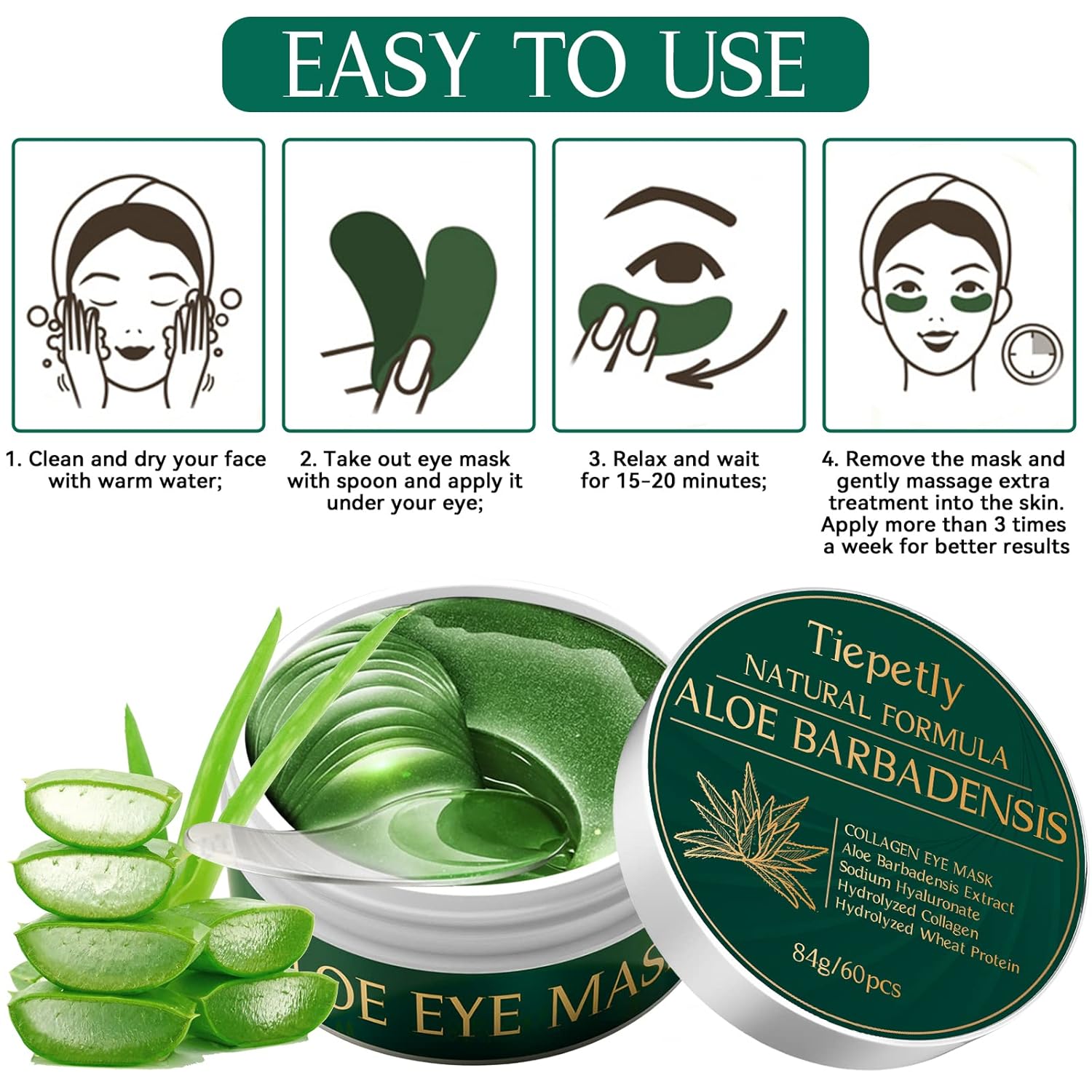 Eye Pads, 60 Pieces Eye Pads, Collagen Eye Pads Against Dark Circles with Aloe Vera, Hyaluronic Acid Eye Mask, Dark Circles Removal, Wrinkles, Eye Bags, Puffiness (Green)